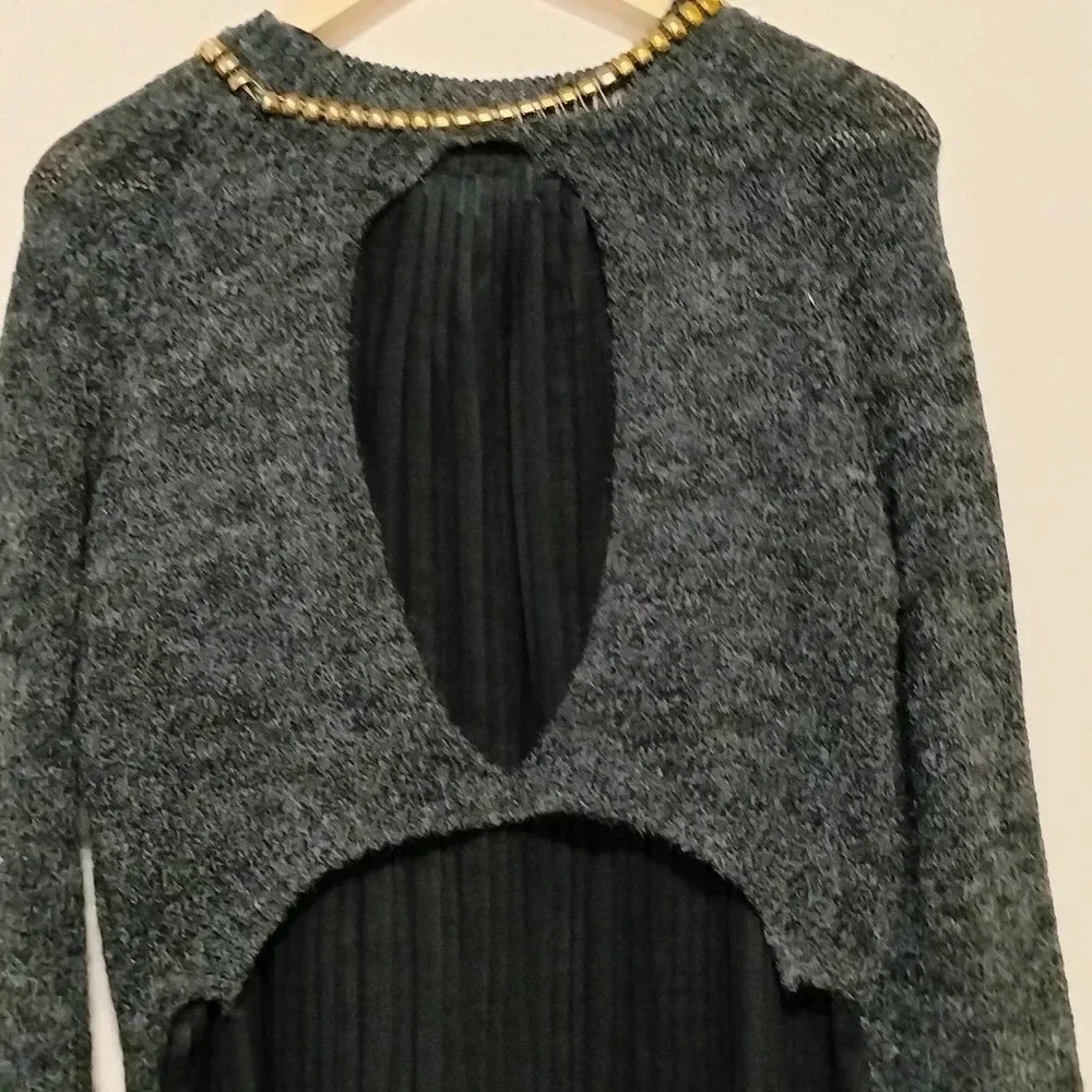 Karlie Size M/L Black Embellish Neckline Sheer pleated back Sweater